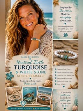 Nautical Turtle Turquoise and White Stone Stretch Bracelet